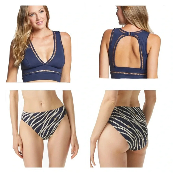 Michael Kors Solid Deep V Crop Bikini Top Large Navy Blue and Bottom Size Large - Picture 1 of 10